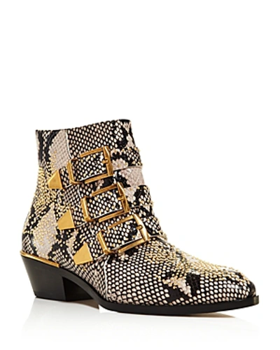 Shop Chloé Women's Susan Pointed Toe Studded Leather Booties In Eternal Gray Snakeskin Embossed Leather
