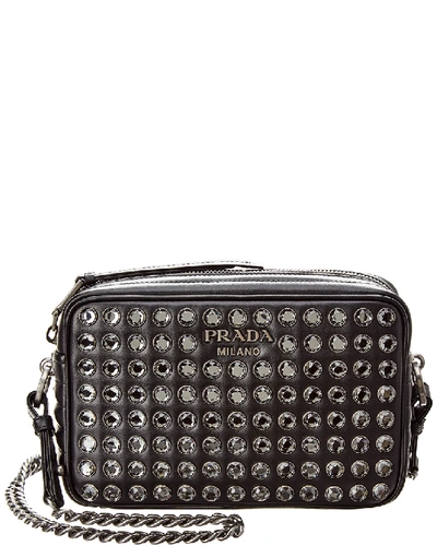 Shop Prada Diagramme Studded Leather Camera Bag In Black