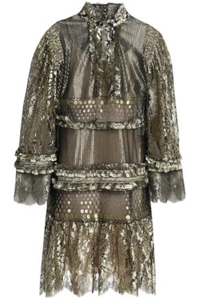 Shop Roberto Cavalli Woman Ruffle-trimmed Metallic Lace Mini Dress Gold