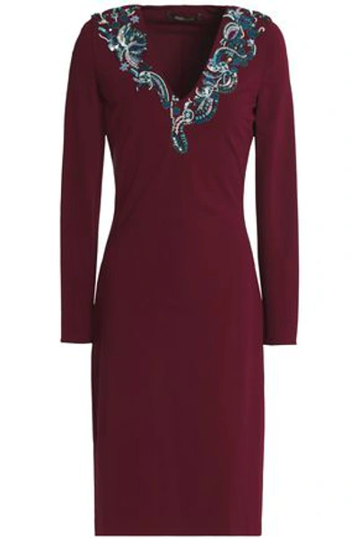 Shop Roberto Cavalli Woman Sequin And Bead-embellished Stretch-jersey Gown Burgundy
