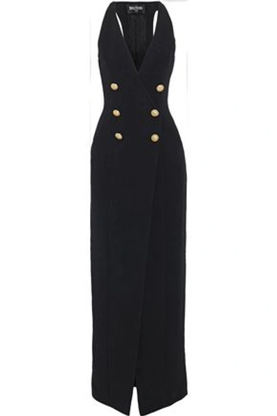 Shop Balmain Split-front Button-detailed Cady Gown In Black