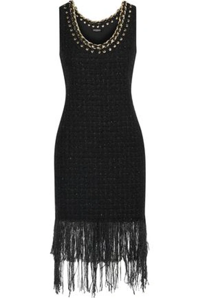 Shop Balmain Fringed Embellished Metallic Tweed Dress In Black