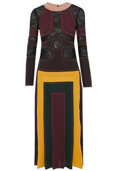 Shop Valentino Lace-paneled Pleated Studded Silk Crepe De Chine Midi Dress In Multicolor