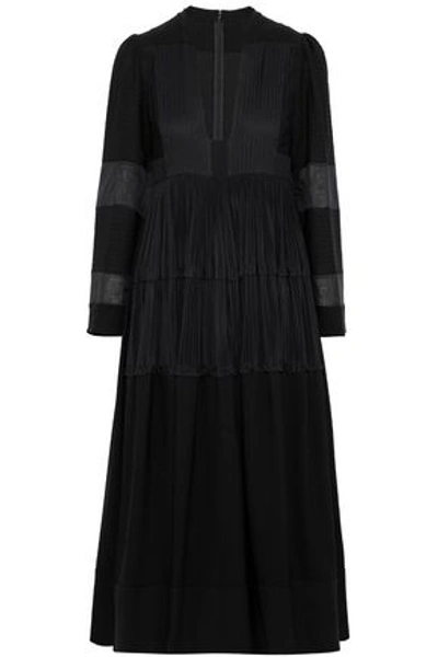 Shop Valentino Woman Paneled Silk-crepe De Chine Midi Dress Black