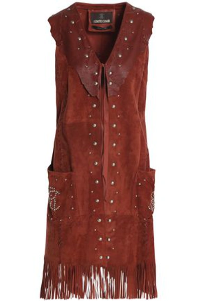 Shop Roberto Cavalli Woman Fringe-trimmed Leather-paneled Studded Suede Vest Brown