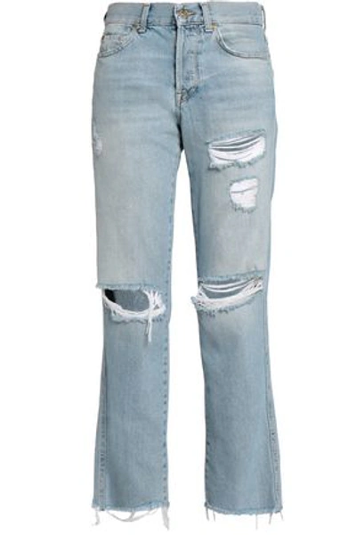 Shop 7 For All Mankind Woman Frayed Distressed High-rise Boyfriend Jeans Light Denim