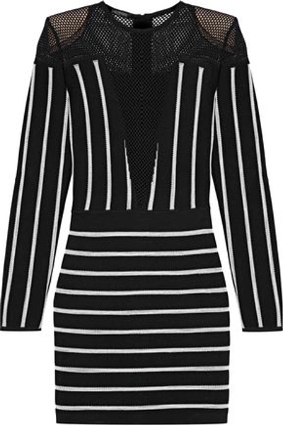 Shop Balmain Woman Mesh-paneled Striped Jacquard-knit Mini Dress Black