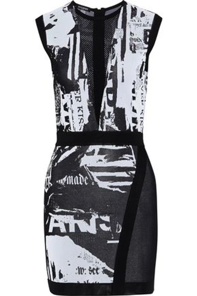 Shop Balmain Mesh-paneled Printed Stretch-knit Mini Dress In Black