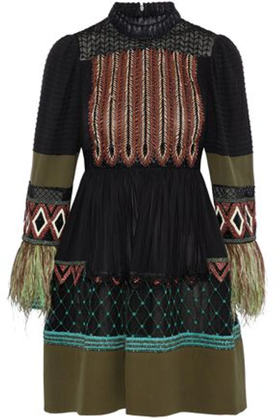 Shop Valentino Woman Ostrich Feather-trimmed Embellished Silk Mini Dress Black