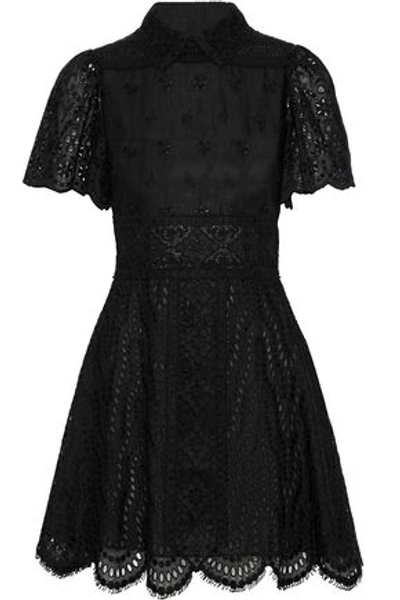 Shop Valentino Woman Broderie Anglaise Cotton-blend Mini Dress Black