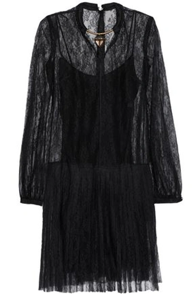 Shop Valentino Woman Embellished Chantilly Lace Silk Mini Dress Black