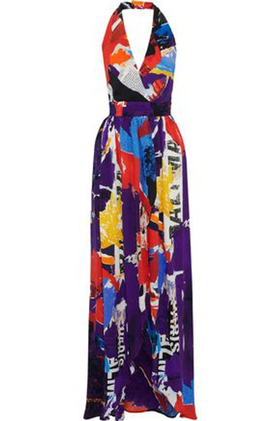 Shop Balmain Printed Silk-georgette Halterneck Maxi Dress In Multicolor