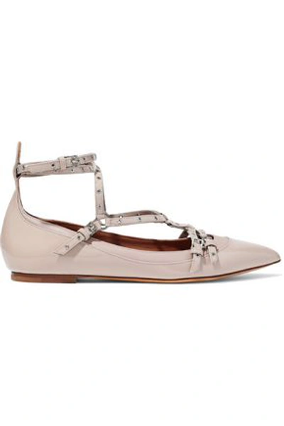 Shop Valentino Garavani Woman Eyelet-embellished Smooth And Patent-leather Point-toe Flats Taupe
