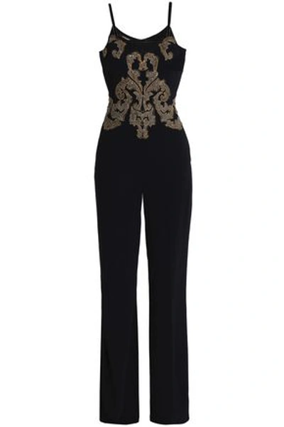 Shop Roberto Cavalli Lace-trimmed Embellished Crepe Jumpsuit In Black
