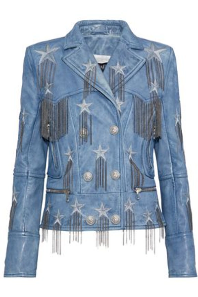 Shop Balmain Chain-embellished Metallic Embroidered Leather Biker Jacket In Light Blue