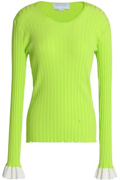 Shop Esteban Cortazar Woman Ruffle-trimmed Ribbed-knit Top Lime Green