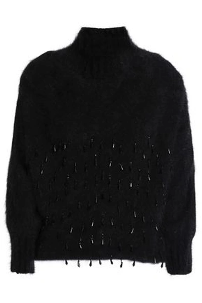 Shop Alberta Ferretti Woman Bead-embellished Embroidered Wool-blend Turtleneck Sweater Black