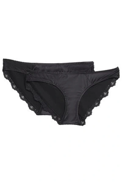 Shop Anine Bing Woman Lace-trimmed Satin And Jersey Low-rise Briefs Black