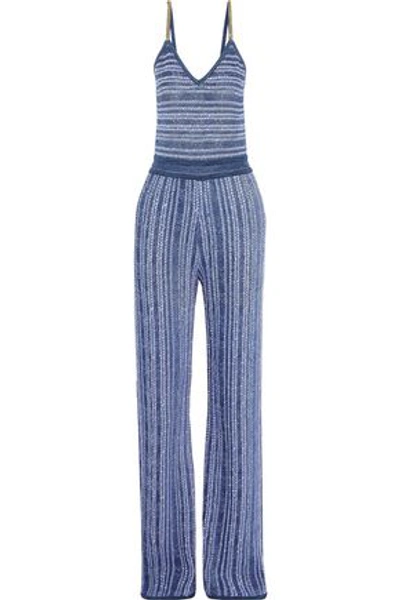 Shop Balmain Woman Chain-trimmed Metallic Crochet-knit Jumpsuit Blue