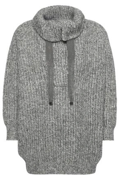 Shop Brunello Cucinelli Woman Ribbed Embellished Cashgora, Wool, Cashmere And Silk-blend Sweater Gray
