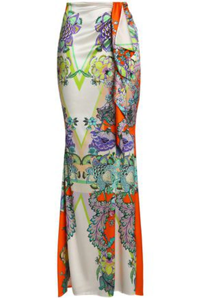 Shop Roberto Cavalli Woman Draped Printed Silk-blend Satin Maxi Skirt Multicolor