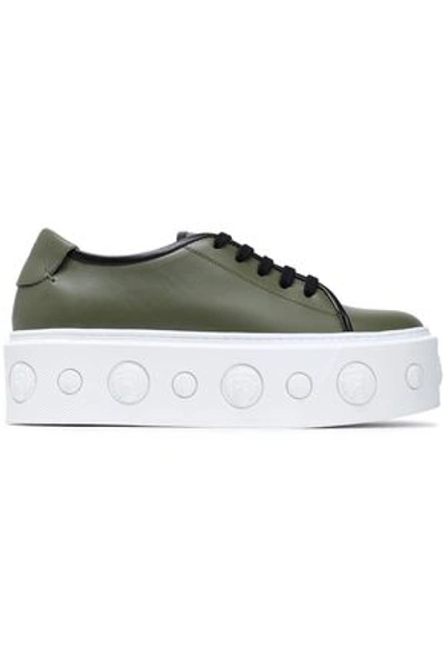 Shop Versus Versace Woman Embellished Leather Platform Sneakers Army Green