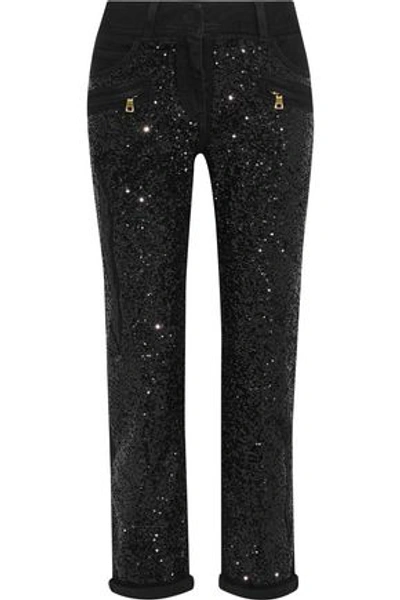Shop Balmain Cropped Sequined Mid-rise Slim-leg Jeans In Black