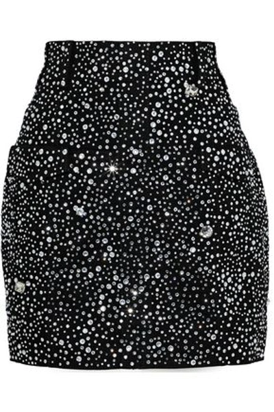 Shop Balmain Woman Crystal-embellished Denim Mini Skirt Black