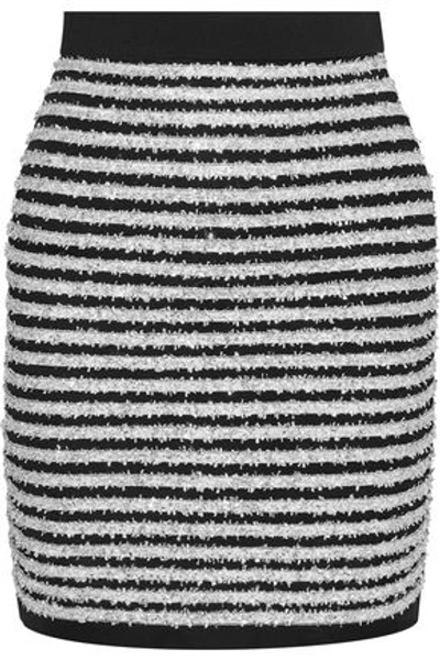 Shop Balmain Striped Tinsel And Stretch-knit Mini Skirt In Silver