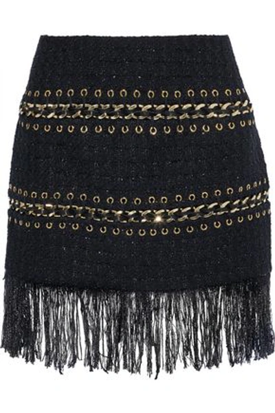 Shop Balmain Fringe-trimmed Embellished Metallic Tweed Mini Skirt In Black