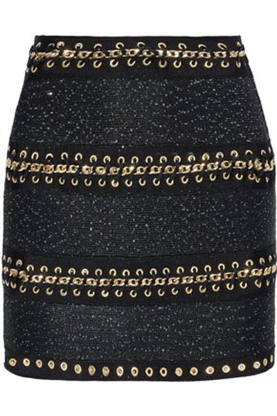 Shop Balmain Woman Chain-trimmed Sequin-embellished Stretch-knit Mini Skirt Black