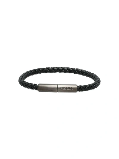 Shop Prada Braided Leather Wrist Strap - Black