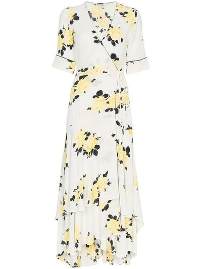 Shop Ganni V-neck Floral Print Dress In Neutrals