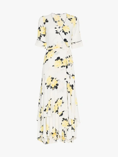 Shop Ganni V-neck Floral Print Dress In Nude/neutrals