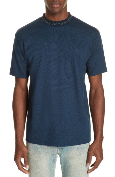 Shop Acne Studios Navid Logo Collar T-shirt In Mineral Blue