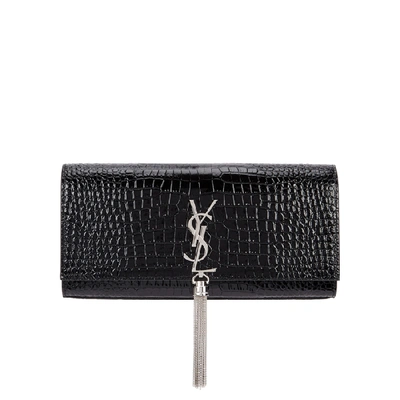 Shop Saint Laurent Kate Black Crocodile-effect Clutch