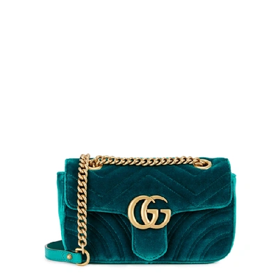 Shop Gucci Gg Marmont Mini Velvet Shoulder Bag In Turquoise