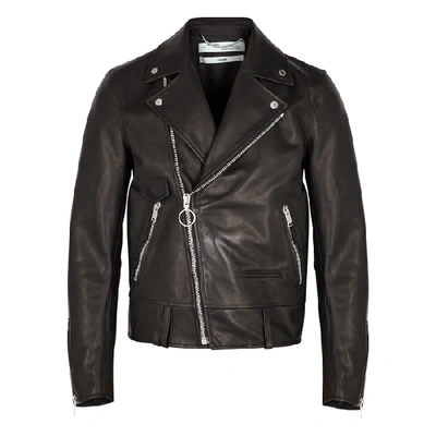 Shop Off-white Black Printed Leather Biker Jacket
