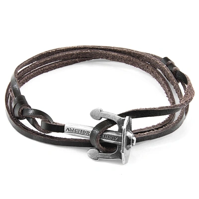 Shop Anchor & Crew Dark Brown Union Anchor Silver And Flat Leather Bracelet