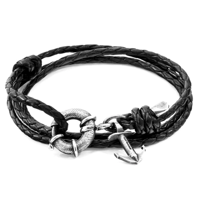 Shop Anchor & Crew Coal Black Clyde Anchor Silver And Braided Leather Bracelet