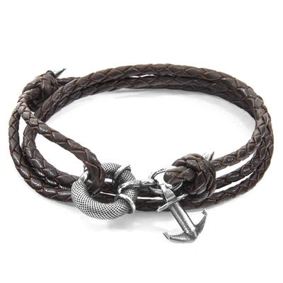 Shop Anchor & Crew Dark Brown Clyde Anchor Silver And Braided Leather Bracelet