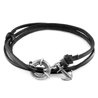 Shop Anchor & Crew Coal Black Clyde Anchor Silver And Flat Leather Bracelet