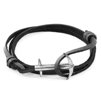Shop Anchor & Crew Coal Black Admiral Anchor Silver And Flat Leather Bracelet