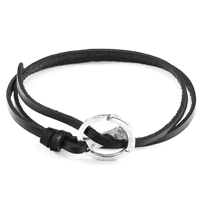 Shop Anchor & Crew Coal Black Ketch Anchor Silver And Flat Leather Bracelet