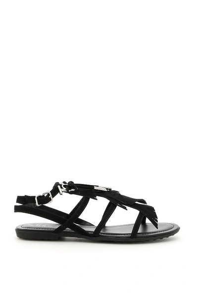 Shop Tod's Fringed Suede Sandals In Black
