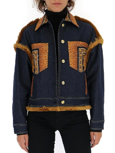 Shop Versace Leopard Detail Cropped Denim Jacket In Blue