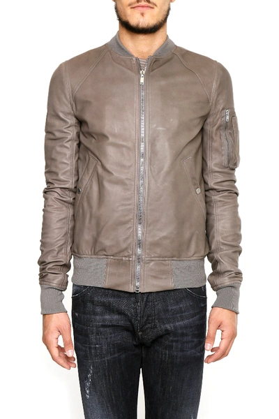 Shop Rick Owens Leather Bomber Jacket In Beige