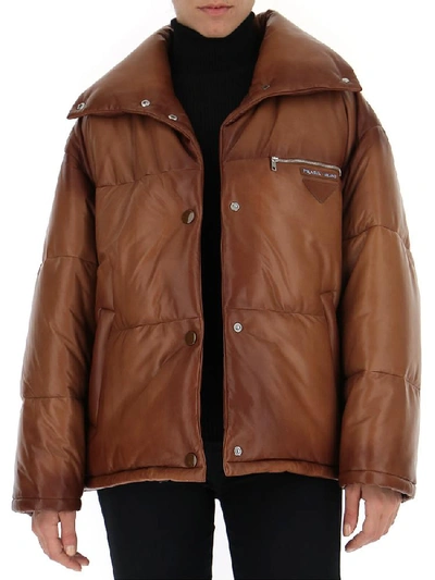 Shop Prada Zipped Puffer Jacket In Brown