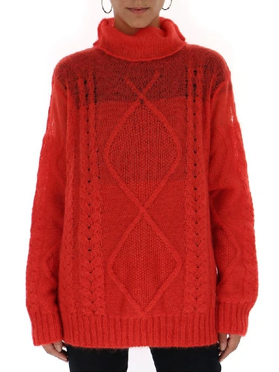 Shop Maison Margiela Sheer Cable Knit Sweater In Red