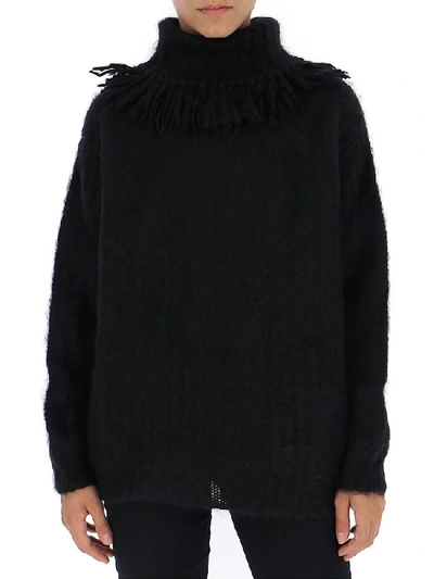 Shop Miu Miu Turtle Neck Fray Sweater In Black